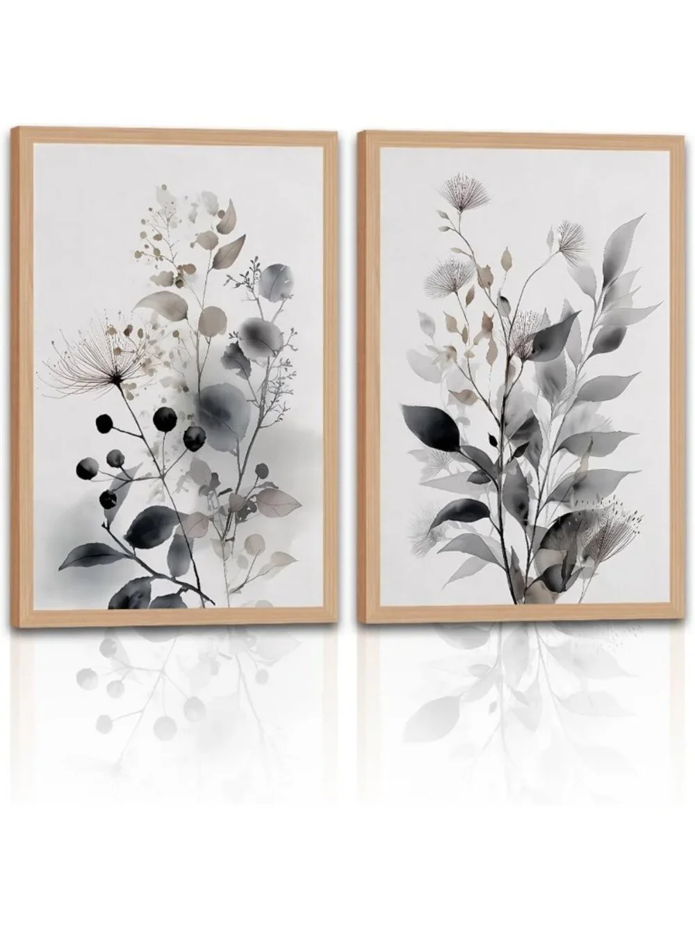 Set of 2 Framed Botanical Wall Art - Neutral Floral Canvas Prints 16x24